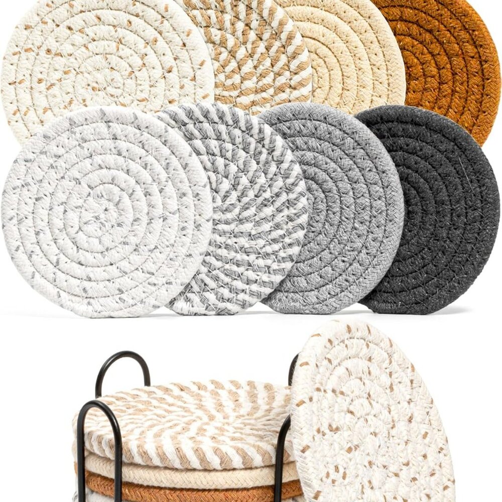 8‎ Pcs Woven Coasters with Holder 8 Colors Absorbent Coasters for Drinks New